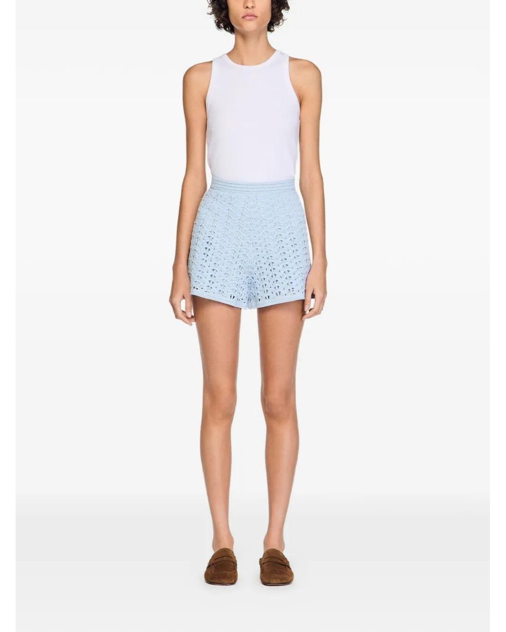Sandro Blue High-Waisted Beaded Crochet Shorts