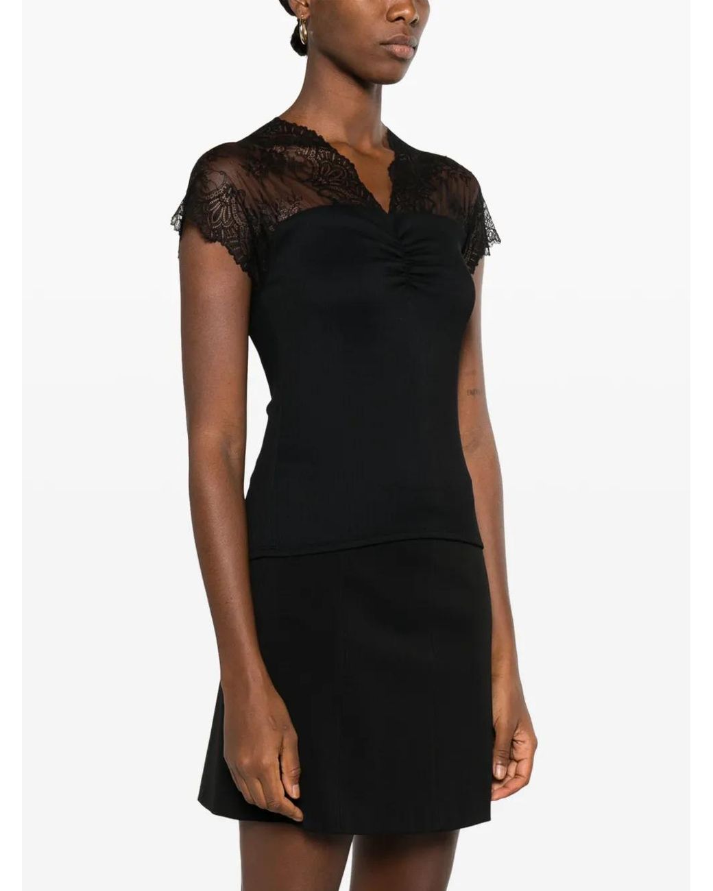 Maje Black Lace-Trim Jersey Top