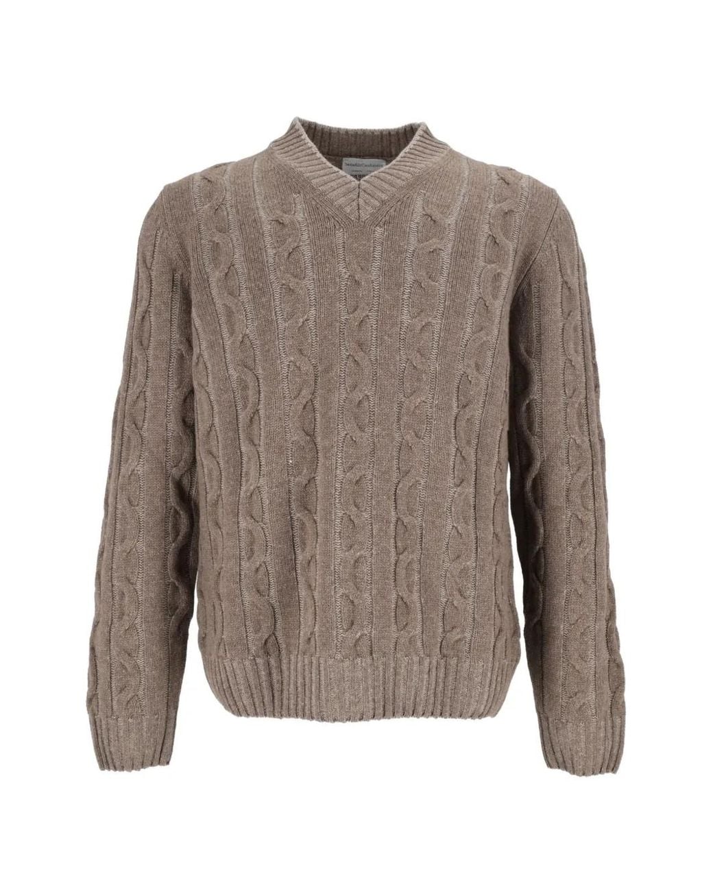 SETTEFILI CASHMERE Brown Cable-Knit V-Neck Sweater for men