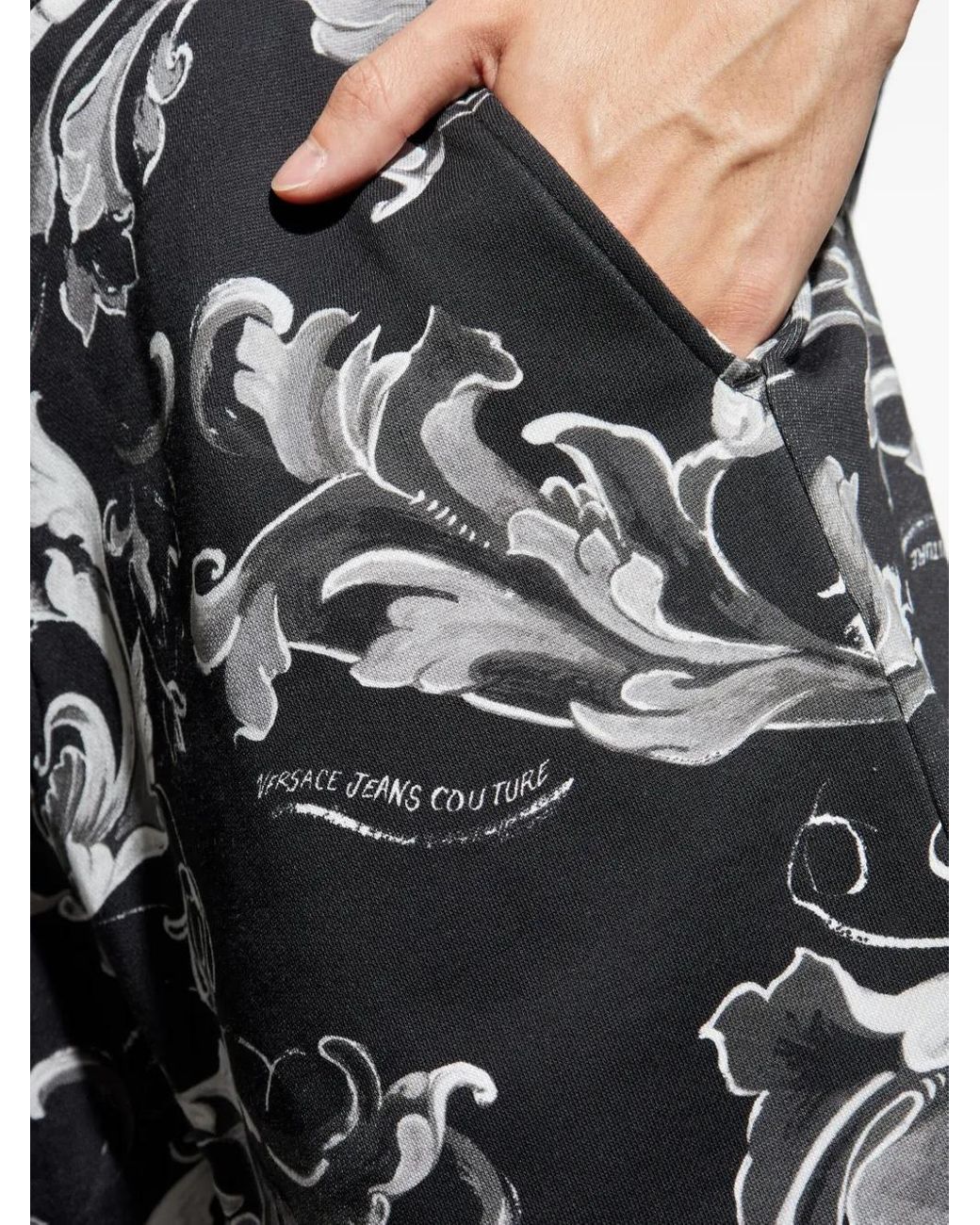 Versace Jeans Couture Black Baroque-Print Drawstring Shorts for men