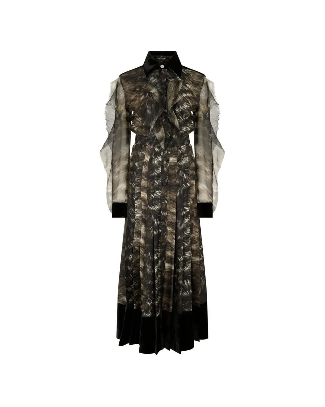 Roberto Cavalli Black Midi Fur-Print Ruffled Dress
