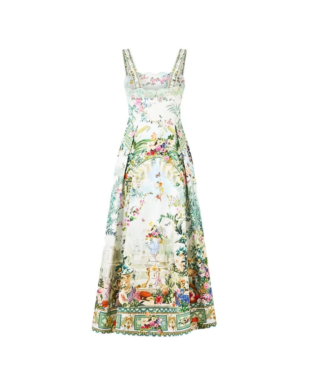 Camilla White Floral-Print Pleated Midi Dress