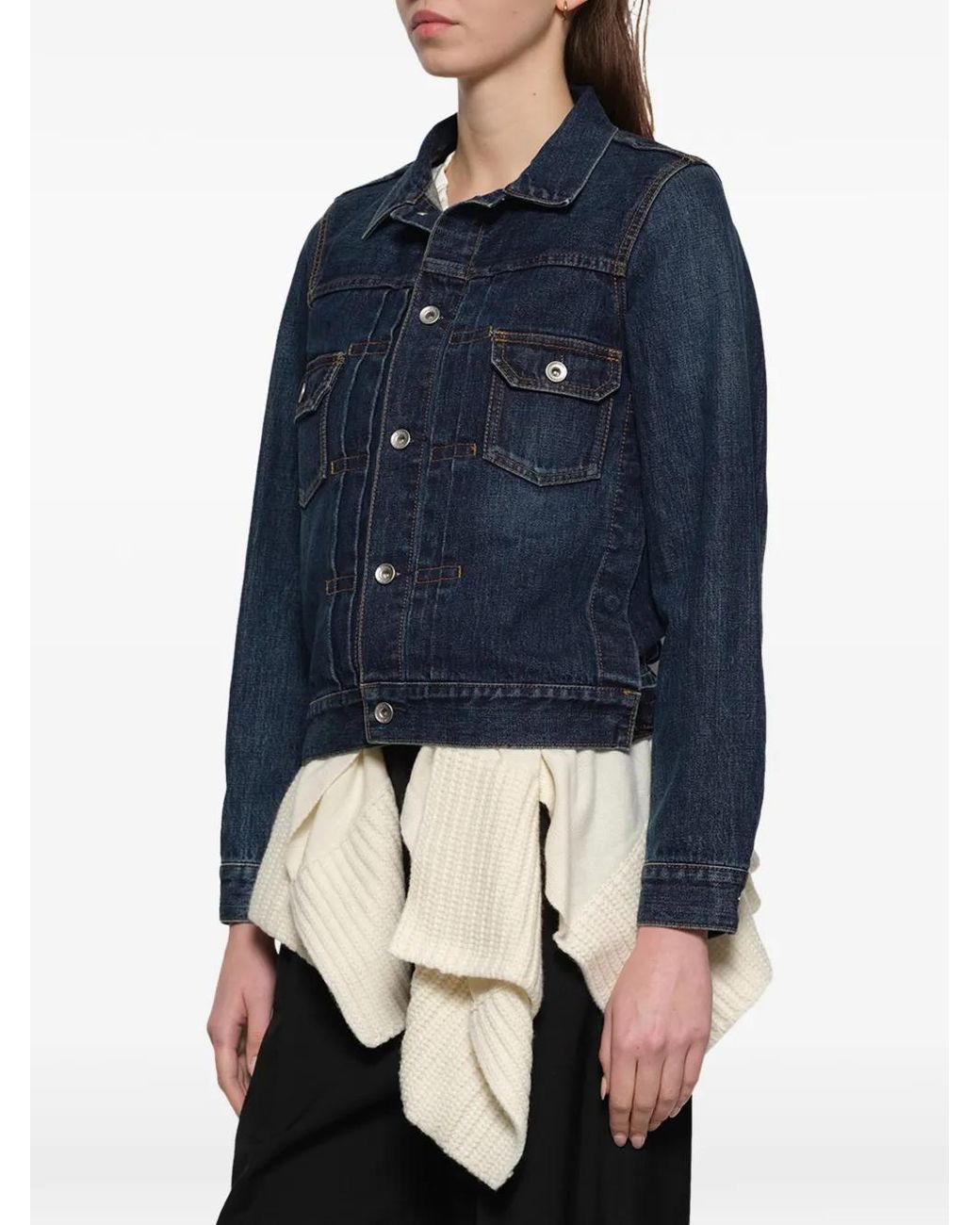 Sacai Blue Ribbed-Knit Panel Denim Jacket