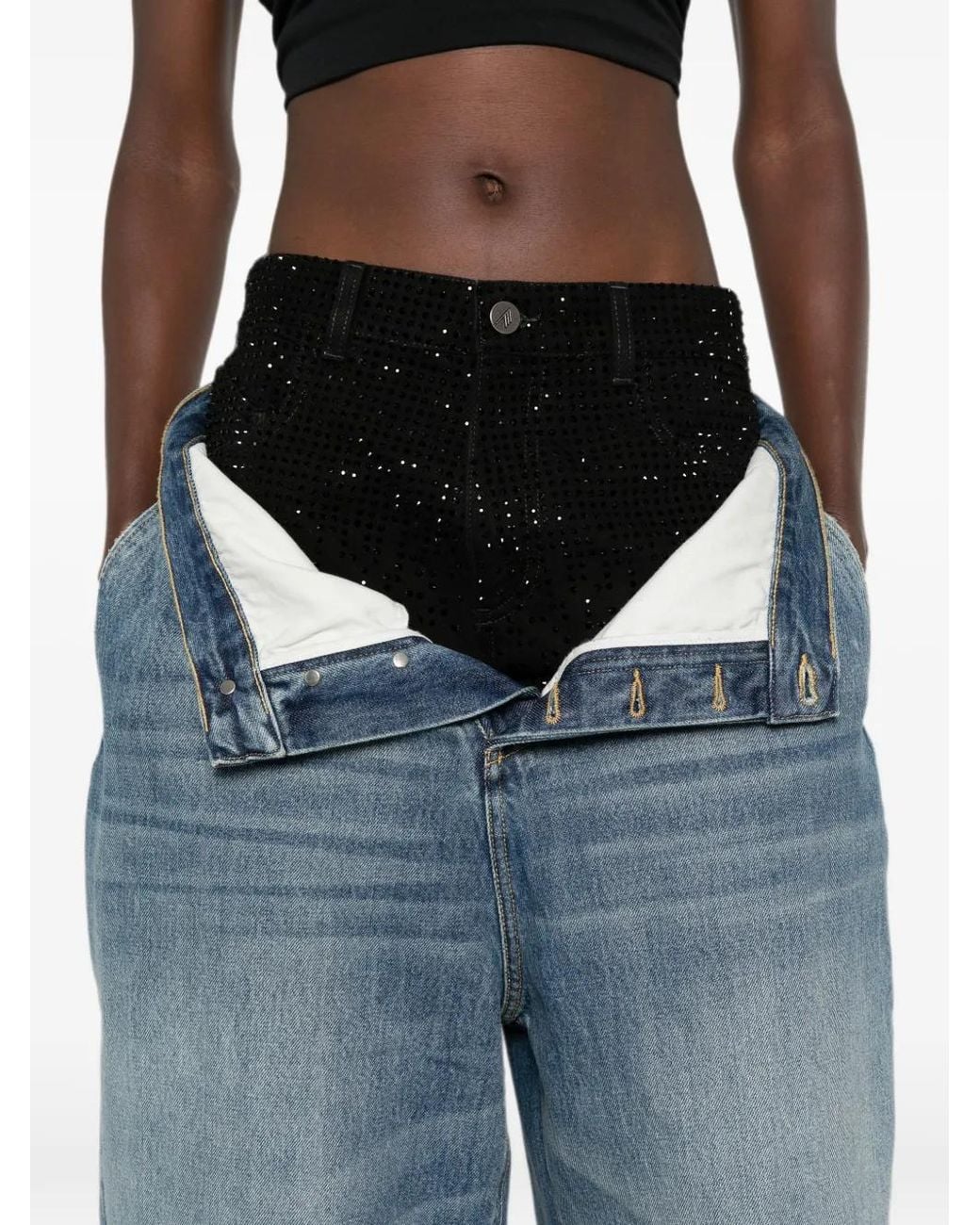 The Attico Blue Rhinestone-Embellished Layered-Waistband Jeans