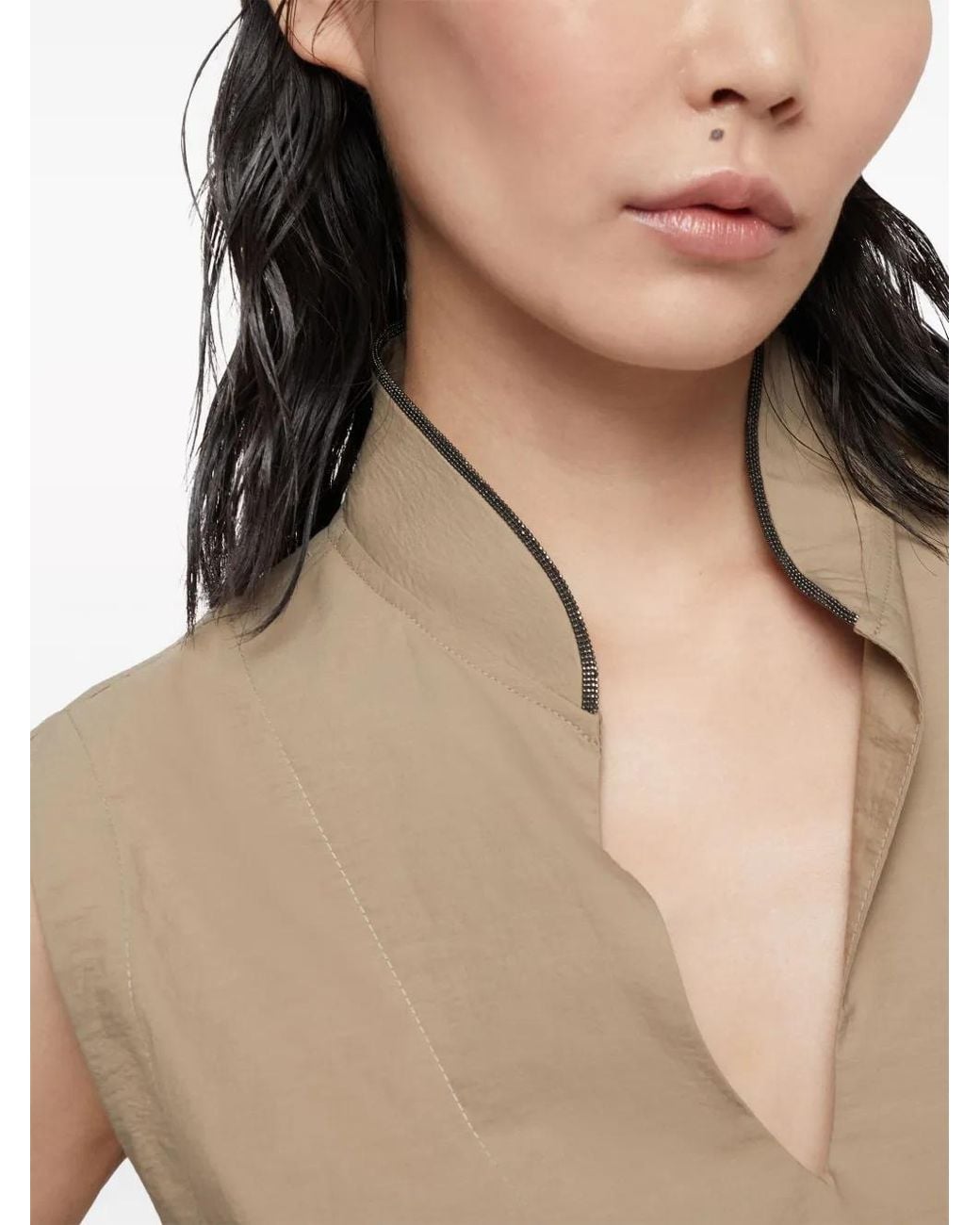 Brunello Cucinelli Brown Techno Cotton Poplin Dress With Belt And Precious Shoulder Detail