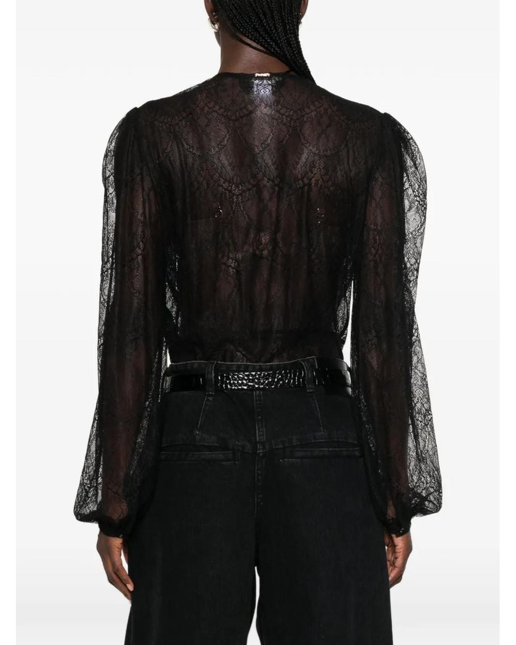 Twinset Black Lace-Overlay Ruffled-Trim Blouse