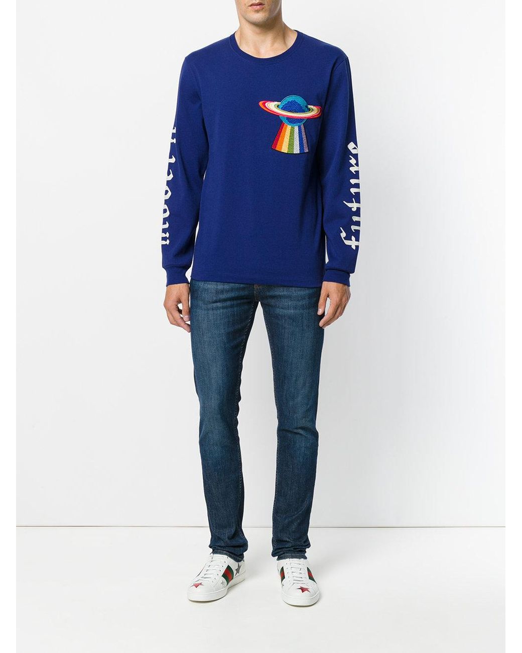 Gucci Ufo Embroidered Long Sleeve T-shirt in Blue for Men | Lyst