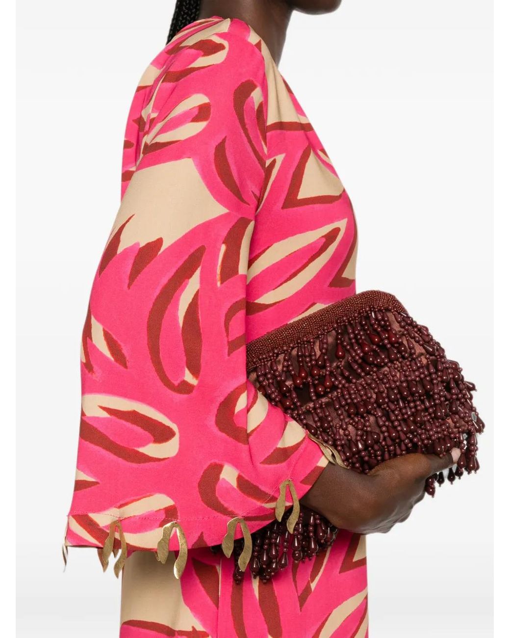 Themis Z Red Ismene Sabra Leaf-Print V-Neck Midi Dress