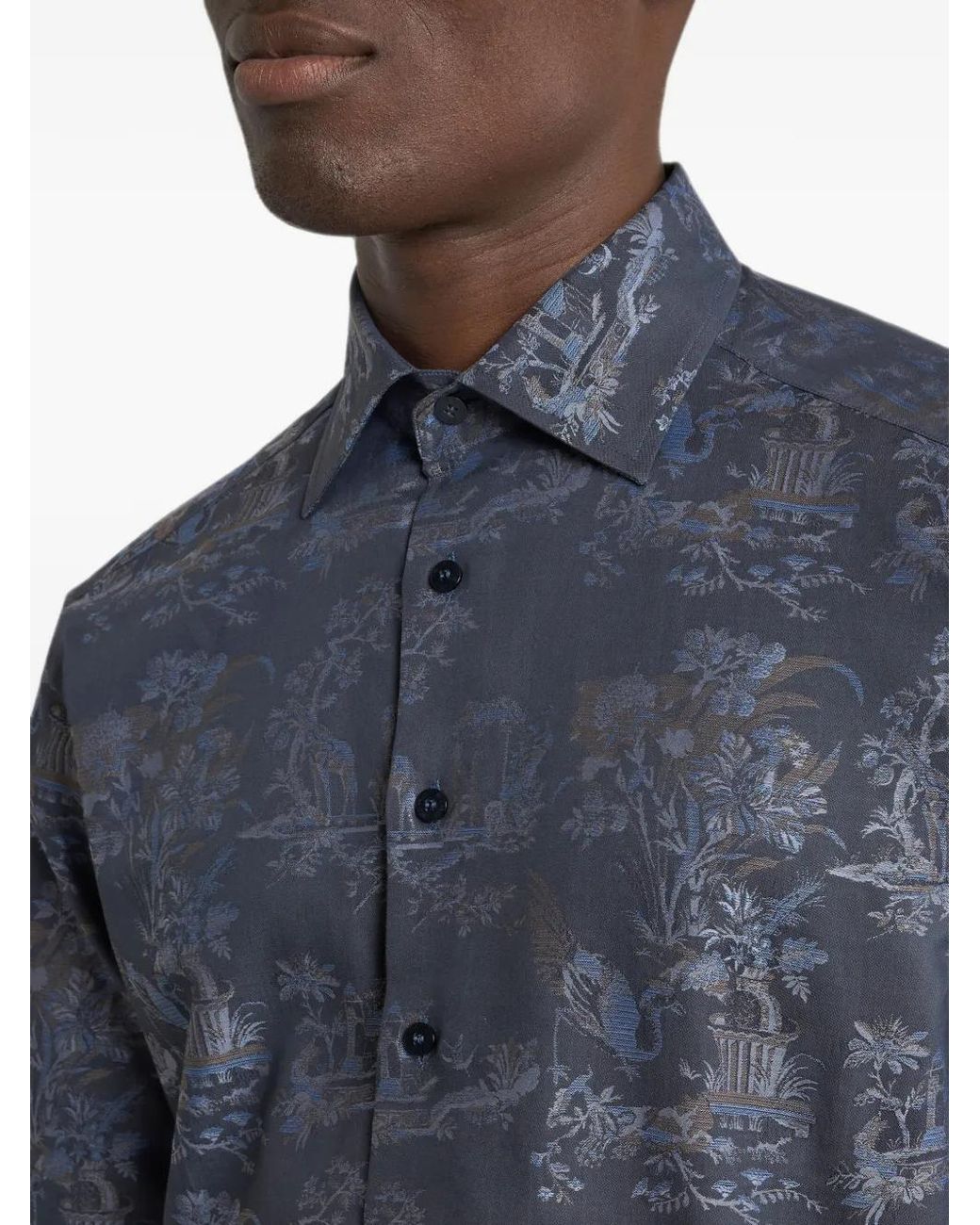 Etro Blue Cotton Jacquard Shirt With Flower Animal-Motif for men