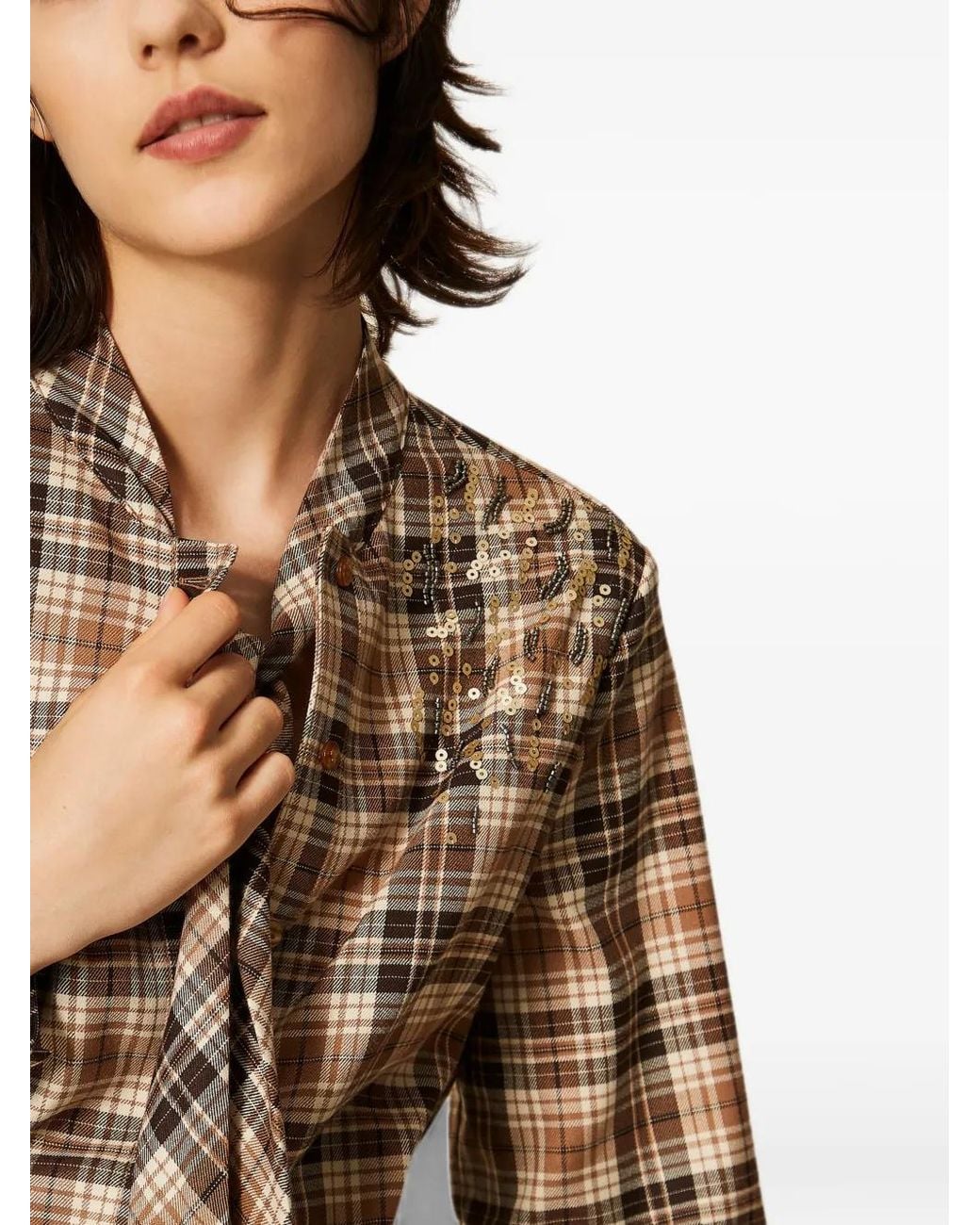 Twinset Brown Tartan Flannel Shirt With Embroidery