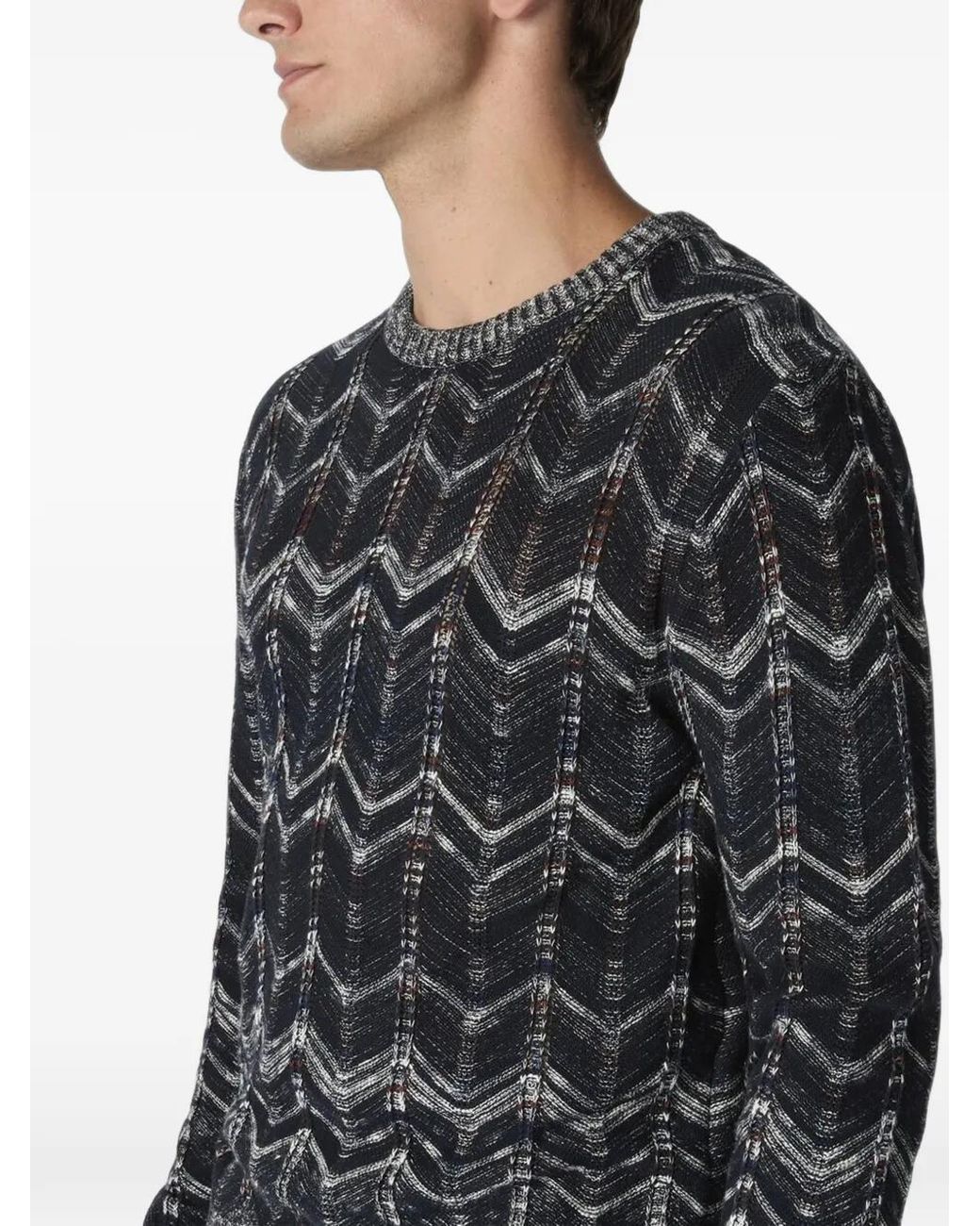 Missoni Black Crew-Neck Cotton Chevron Pullover With Ribbed Trims for men