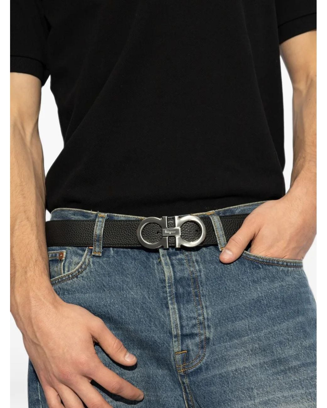 Ferragamo White Gancini Reversible Leather Belt for men