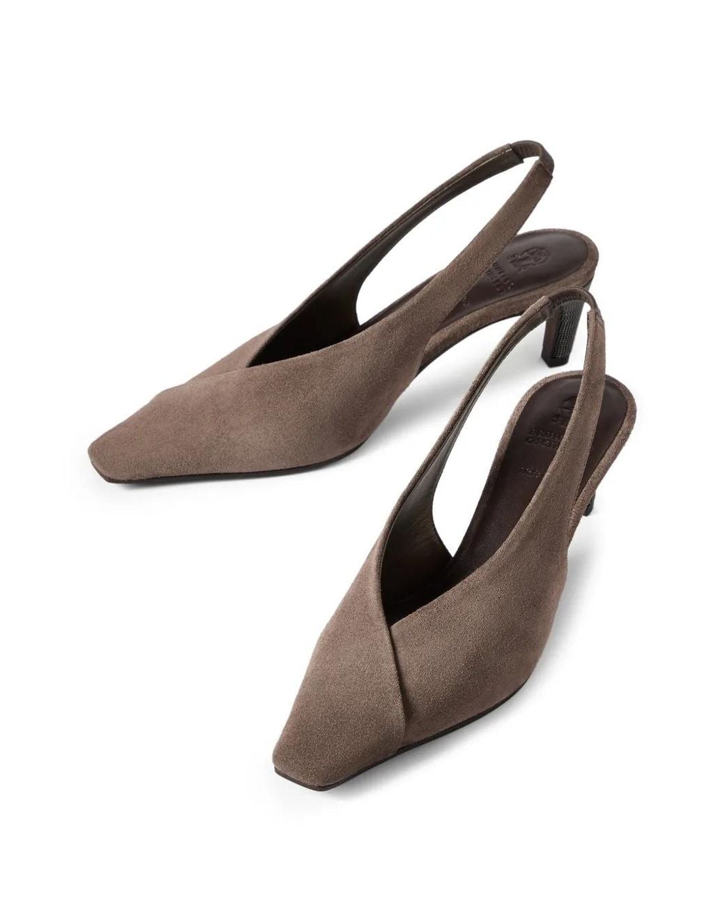 Brunello Cucinelli Brown Suede City Slingbacks With Precious Heels