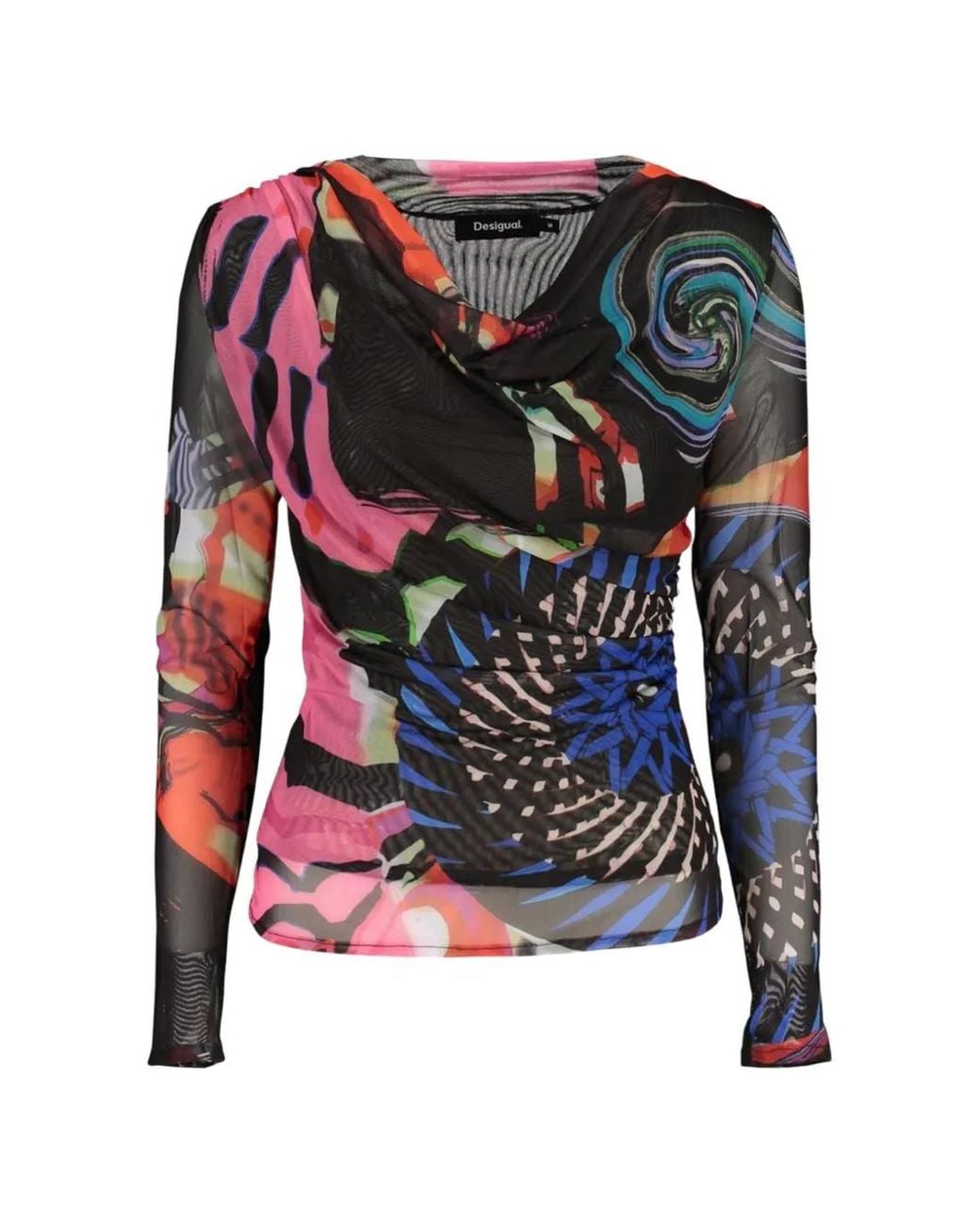 Desigual Blue Abstract-Print Ruched-Detail Long Sleeve T-Shirt