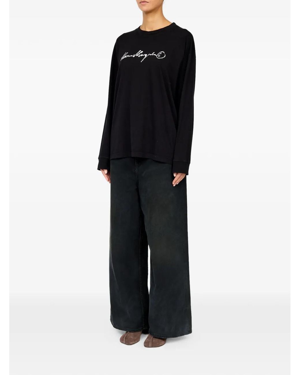 MM6 by Maison Margiela Black Long-Sleeve Overdyed Handwritten-Print T-Shirt