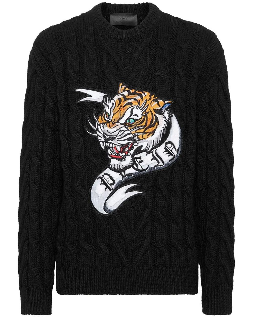 Philipp Plein Black Tiger-Appliqué Wool Jumper for men
