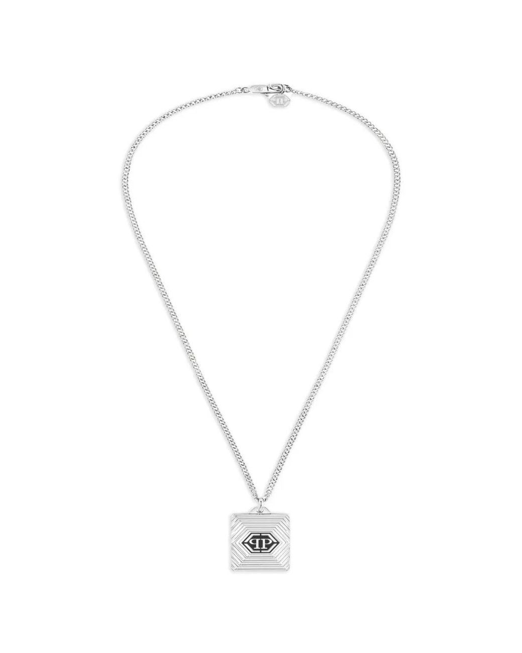 Philipp Plein White Plein Tag Logo-Plaque Necklace for men