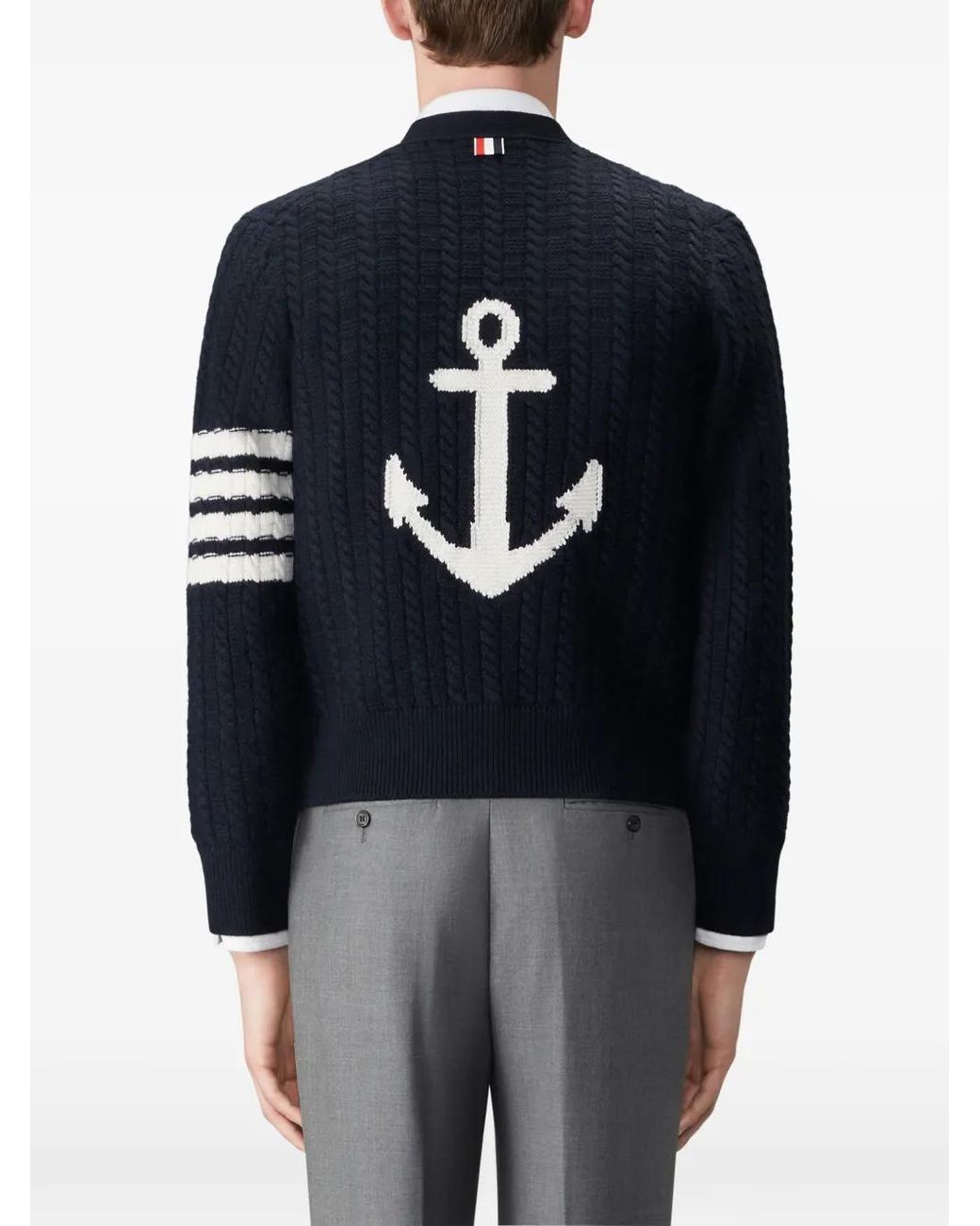 Thom Browne Blue Merino-Wool 4-Bar Intarsia Anchor Cardigan for men