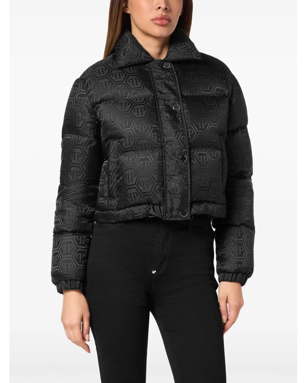 Philipp Plein Black Monogram Cropped Puffer Jacket