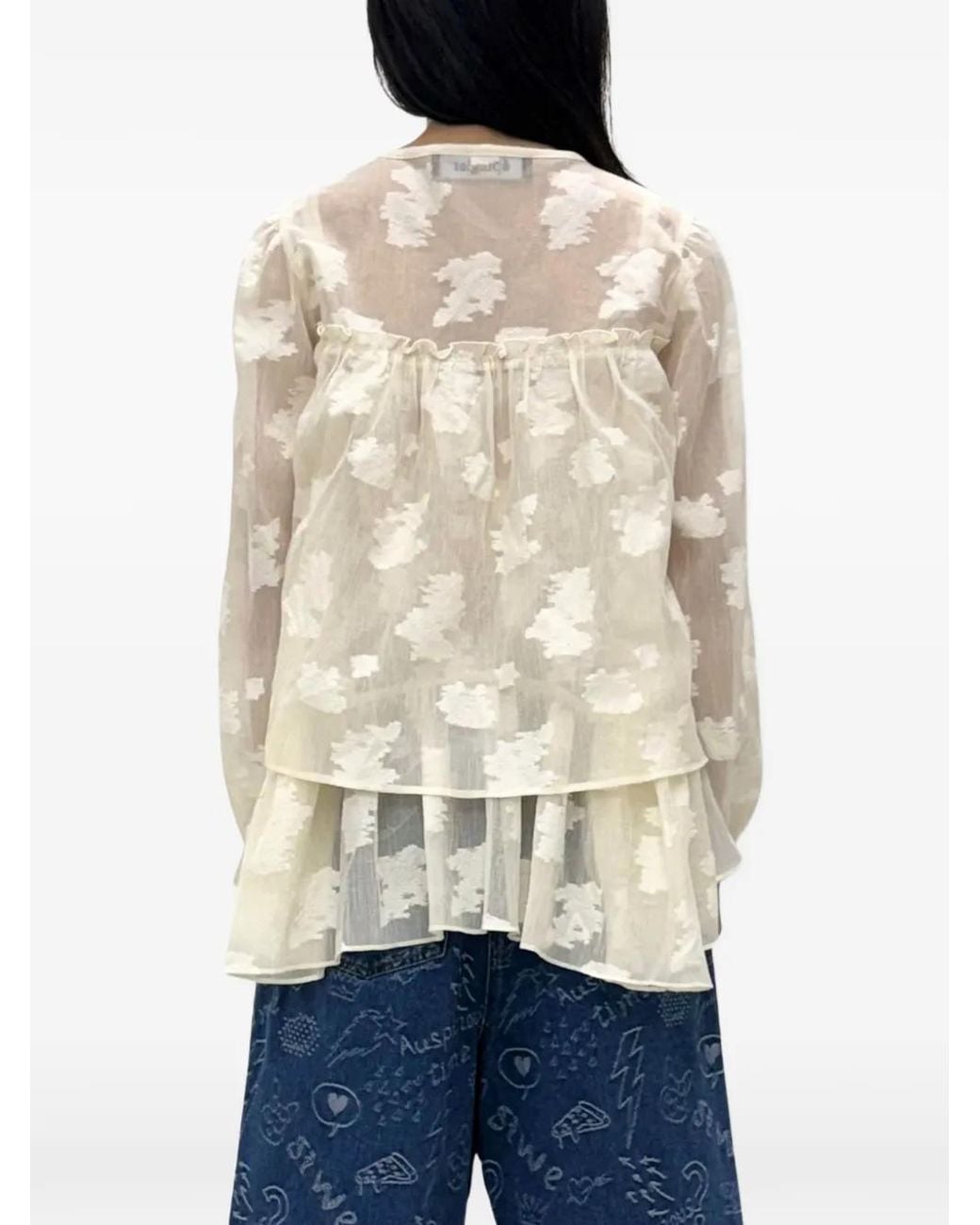 EPINGLER White Floral-Motif Ruffled Cardigan