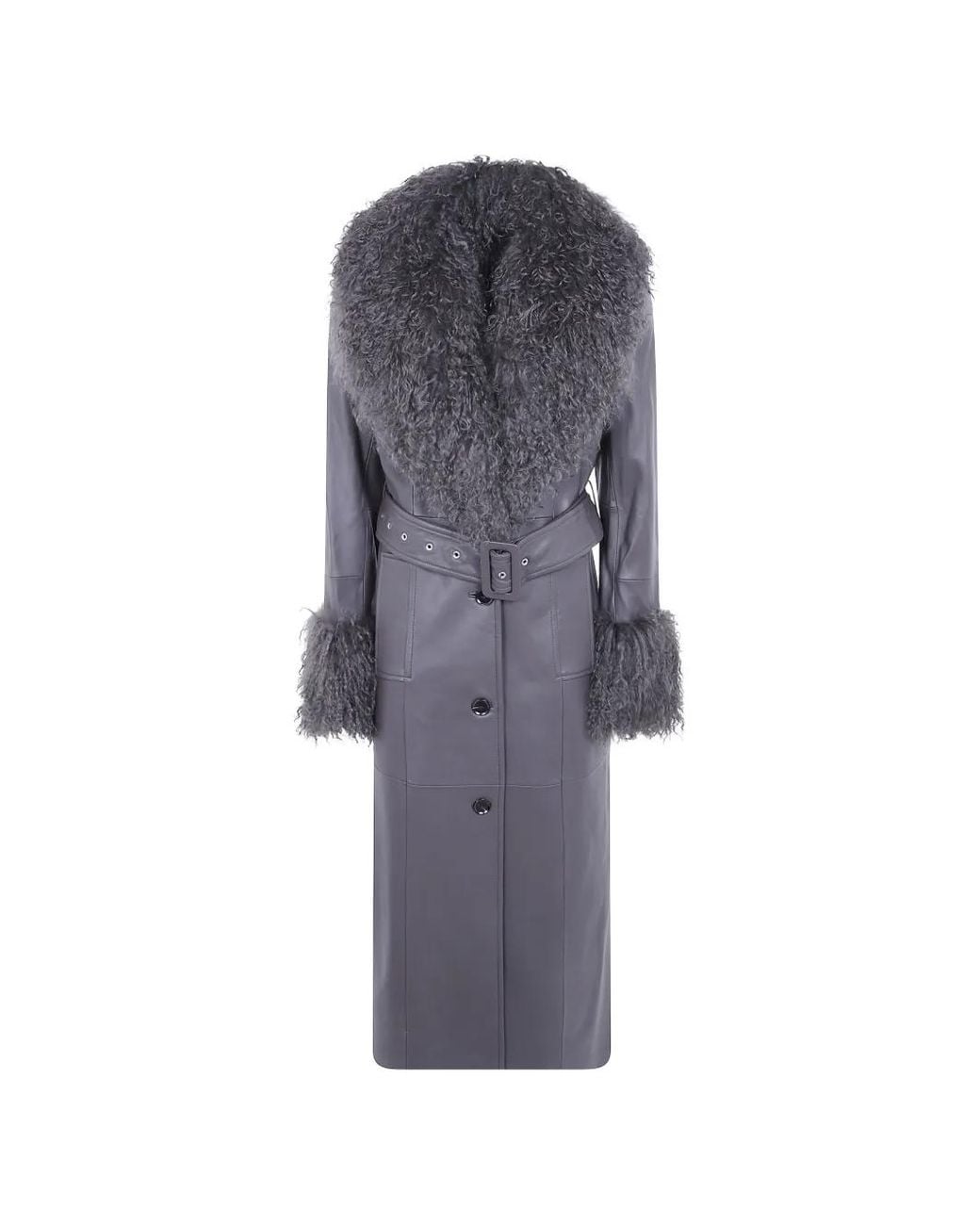 Stand Studio Gray Belted Faux-Shearling-Trim Coat
