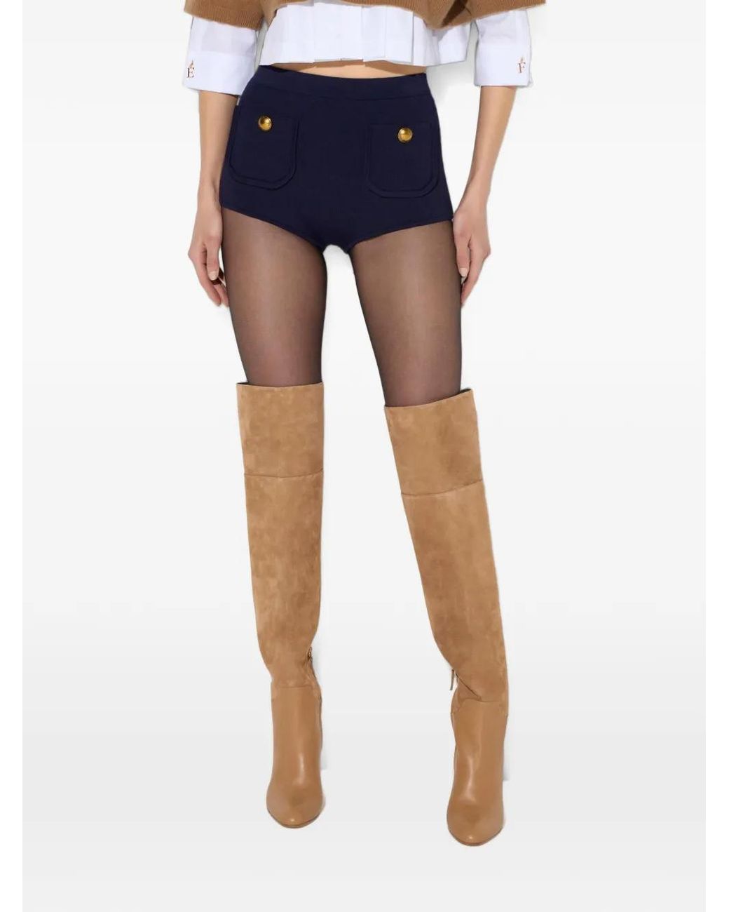 Elisabetta Franchi Blue Knit Shorts With Jewel Buttons