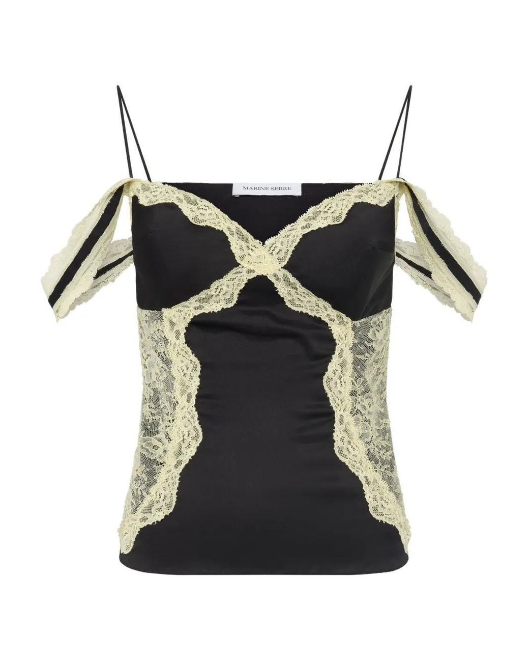 MARINE SERRE Black Lace-Trimmed Satin Top