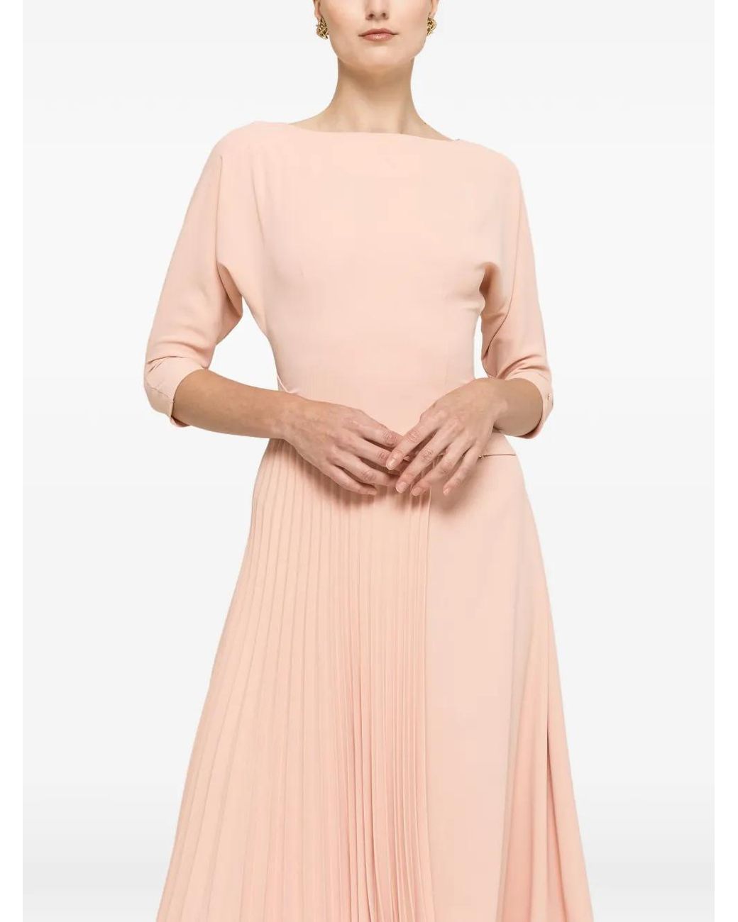 Nissa Pink Pleated-Panel Buckled-Waist Midi Dress