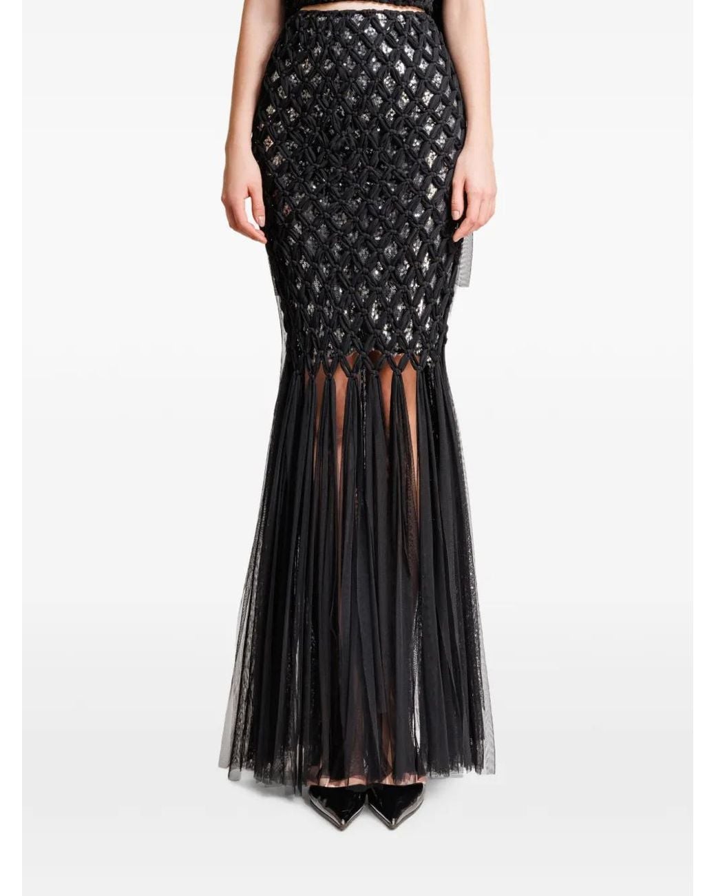 Gemy Maalouf Black Sequin-Embellished Crochet-Tulle Skirt
