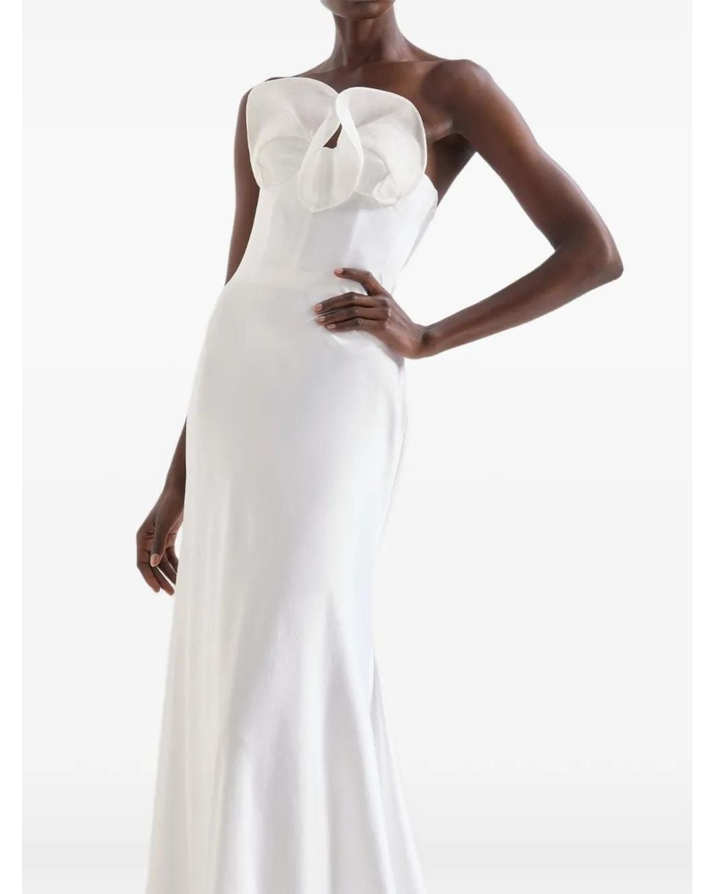 Genny White Long Bustier Ruffled Strapless Dress