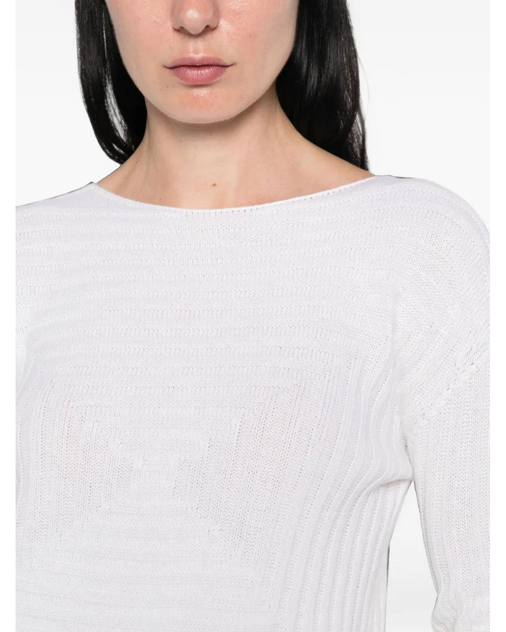 Emporio Armani White Ribbed Geometric-Knit Sweater