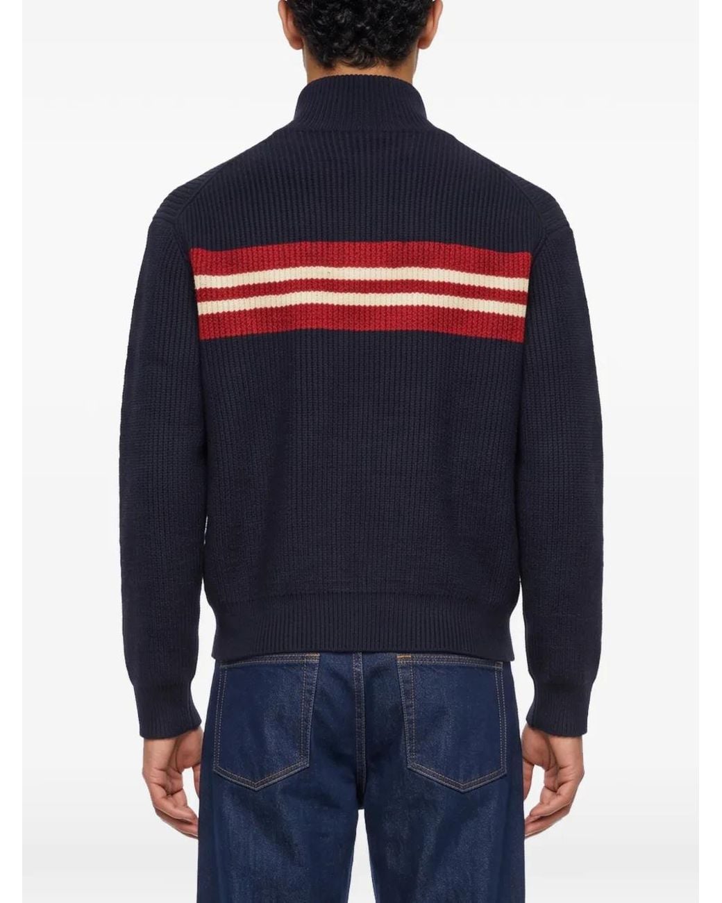 Song For The Mute Blue Striped Ribbed-Knit Zip-Up Cardigan for men