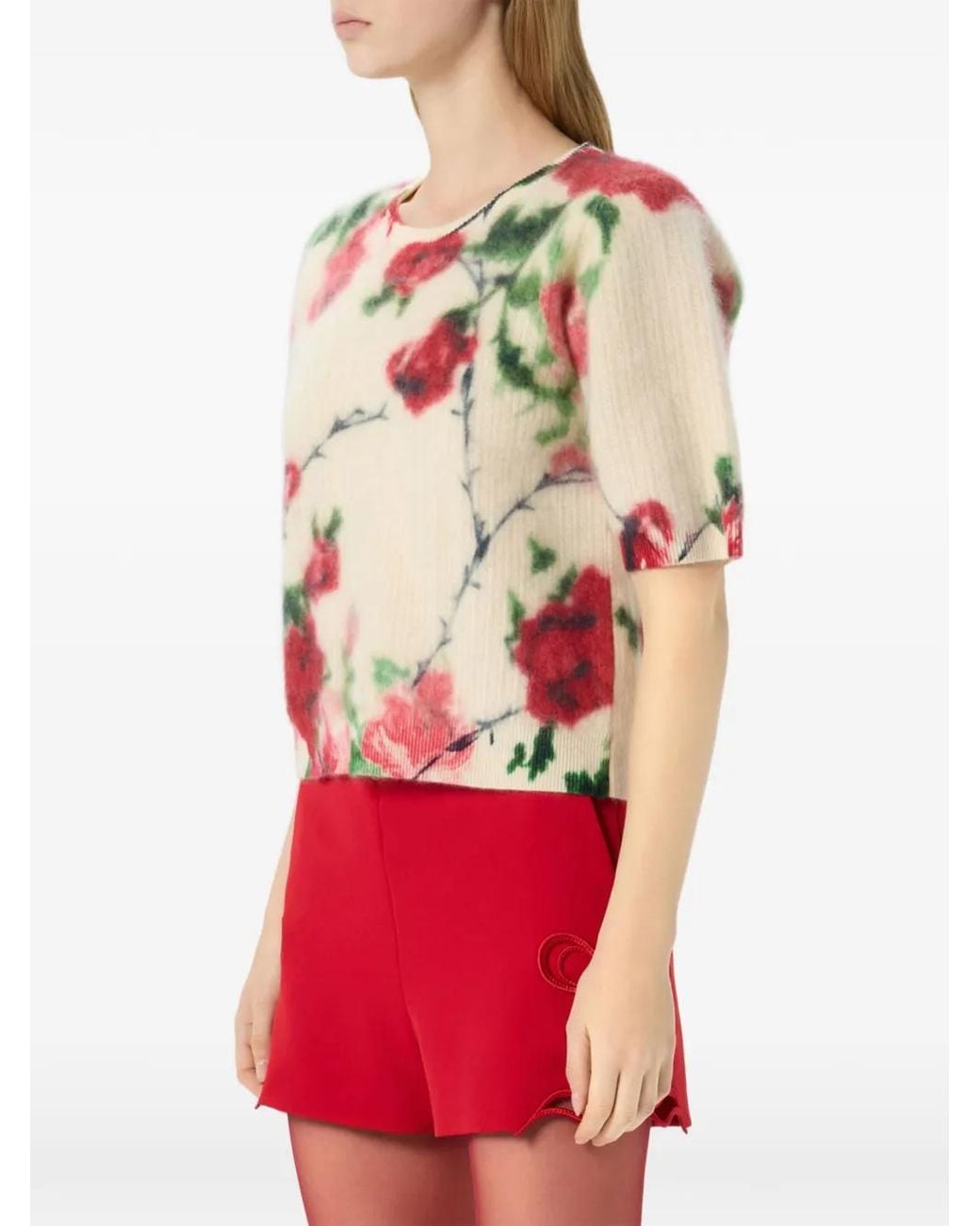 Blumarine Pink Floral-Print Rib-Knit Sweater