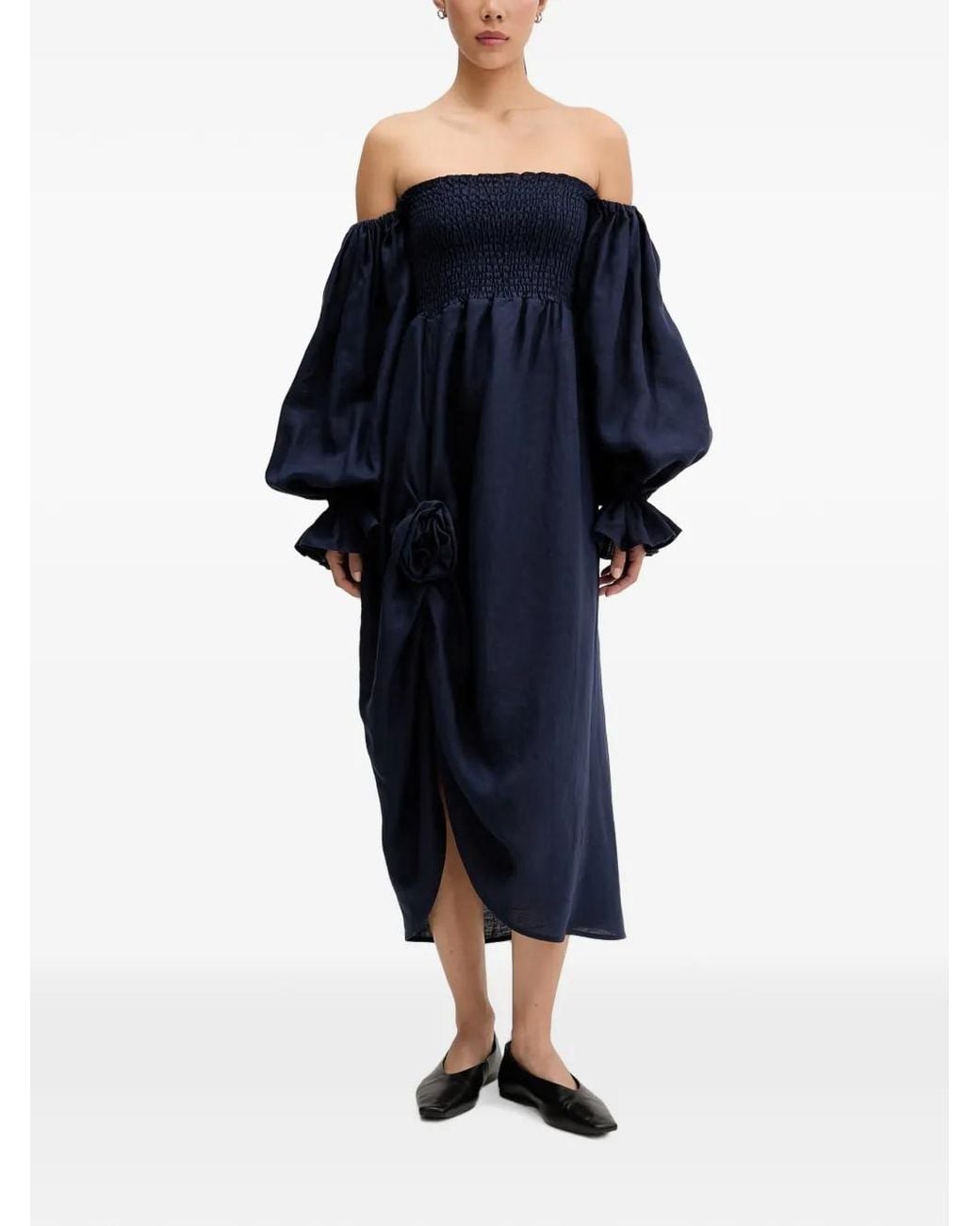 Sleeper Blue Off-Shoulder Smocked Midi Dress