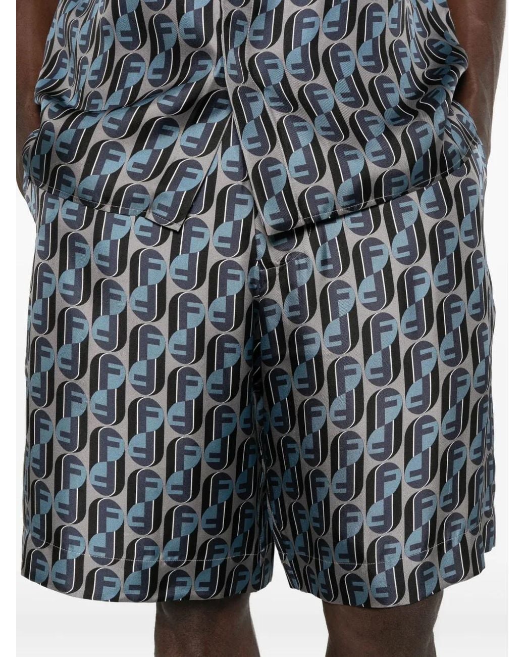 Fendi Blue Monogram-Print Silk Shorts for men