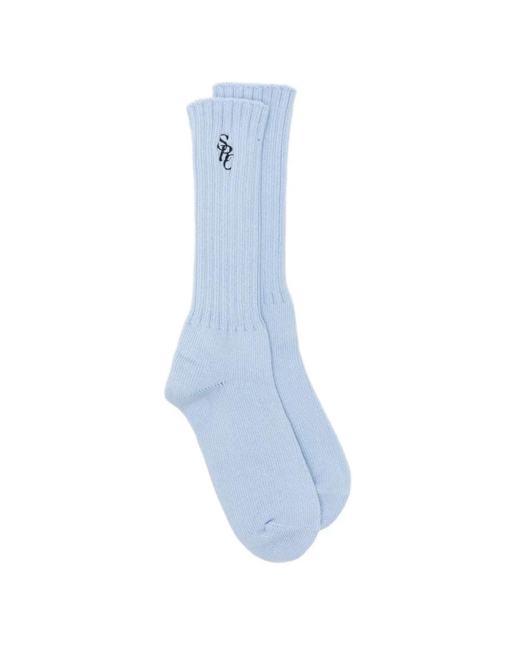Sporty & Rich Blue Logo-Embroidered Ribbed-Knit Socks