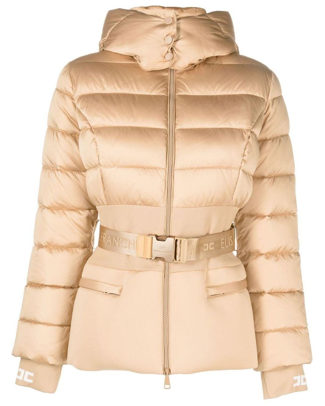 Elisabetta Franchi Hooded Puffer Jacket in Natural | Lyst