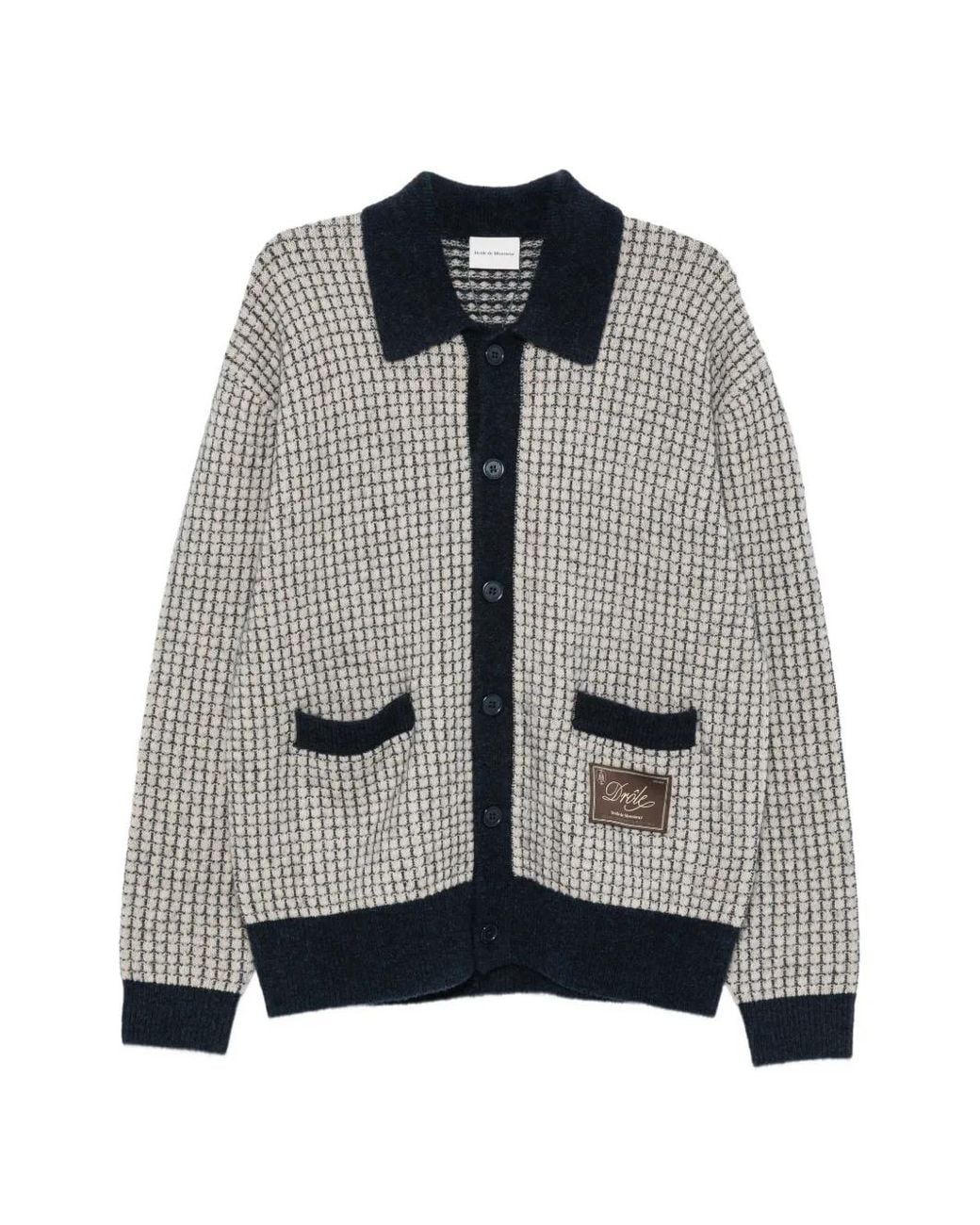 Drole de Monsieur Gray Waffle-Knit Logo-Patch Cardigan for men