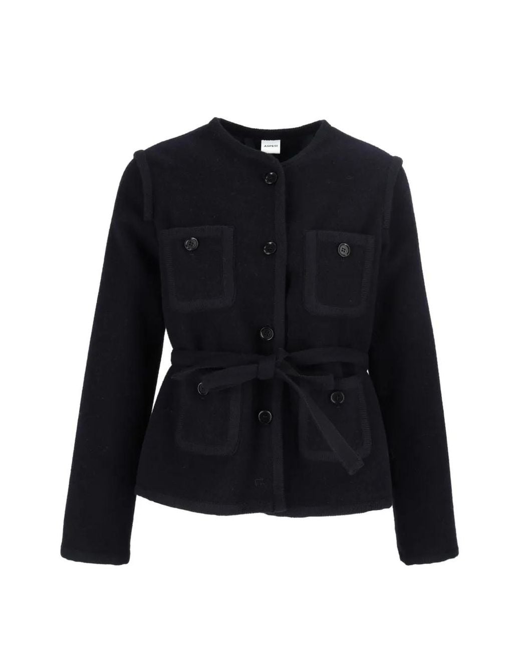Aspesi Black Shetland Belted Wool Jacket