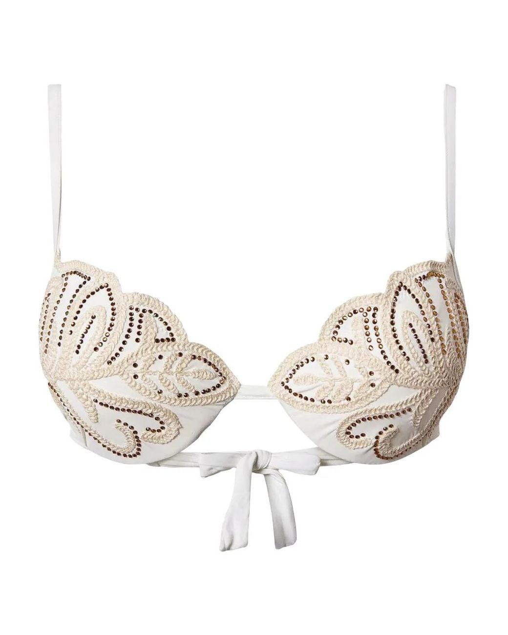 Twinset Natural Rhinestone-Embellished Embroidered Bikini Top