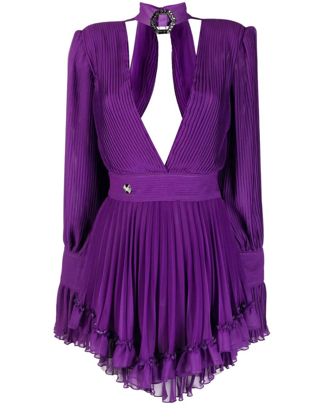 Philipp Plein Purple Plunging V-Neck Pleated Dress