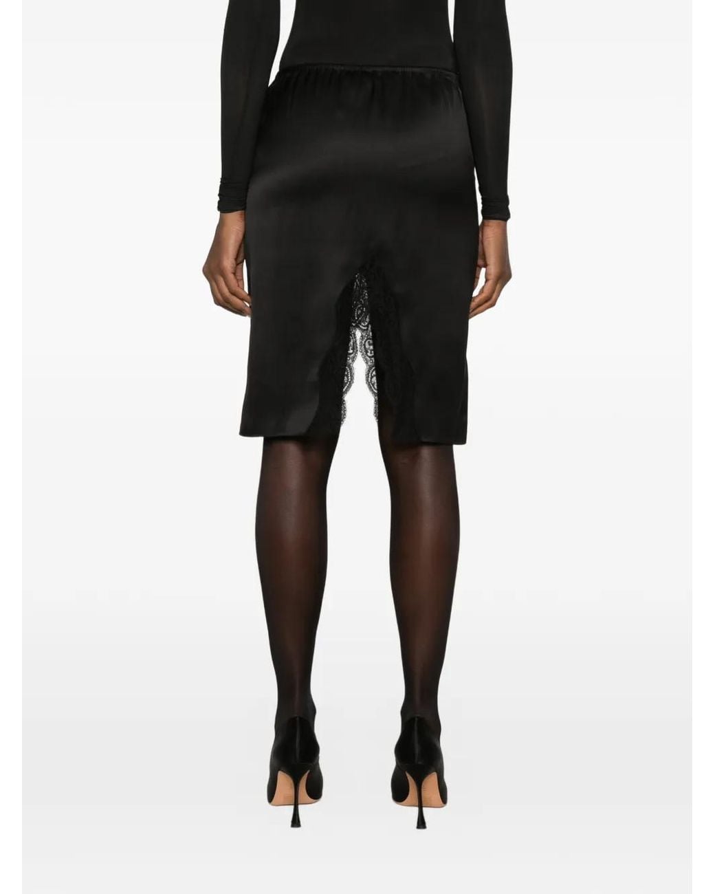 Saint Laurent Black Lace-Trim Satin Midi Skirt