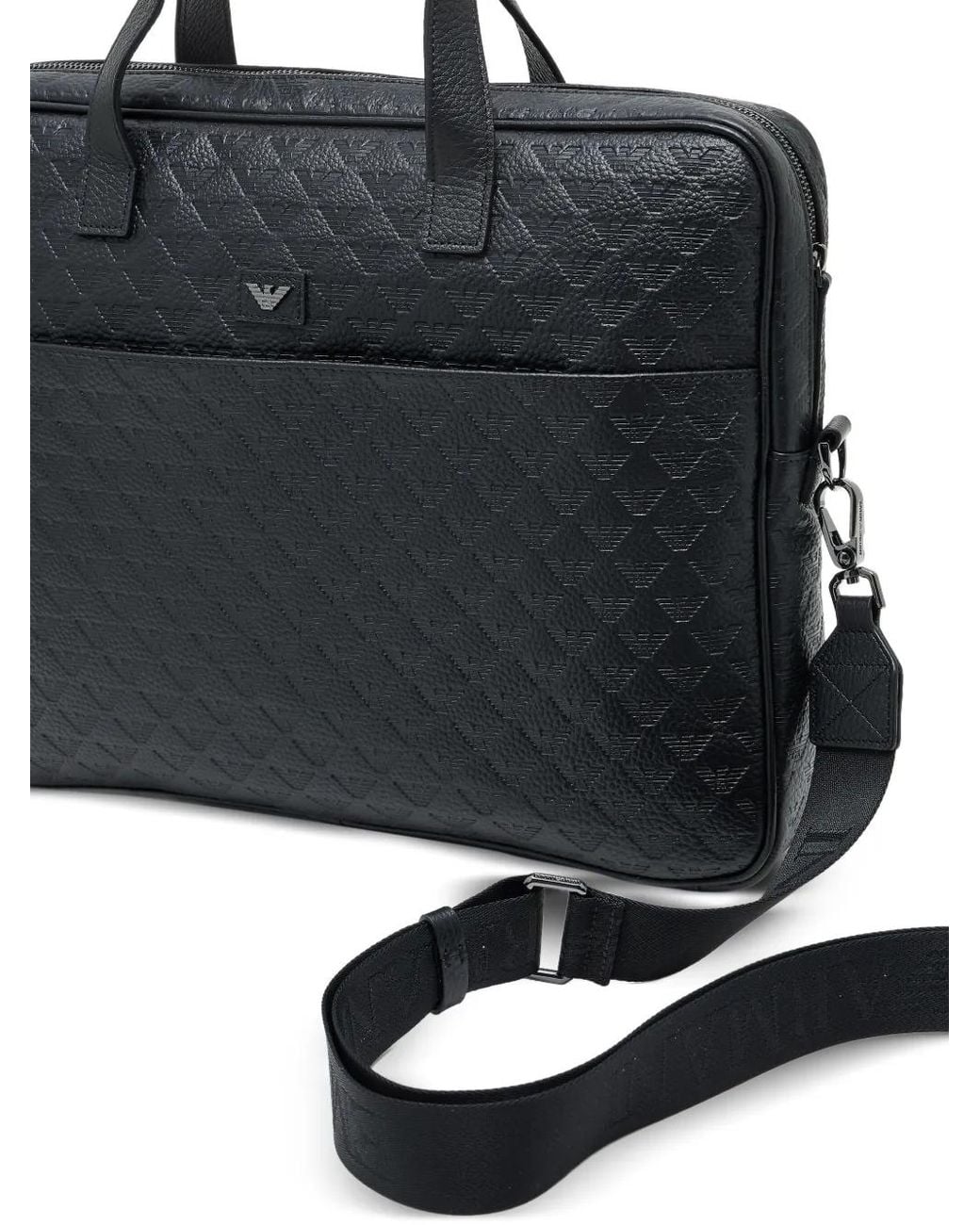 Emporio Armani Black Leather Business Bag With An Embossed Logo And Zip Closure for men
