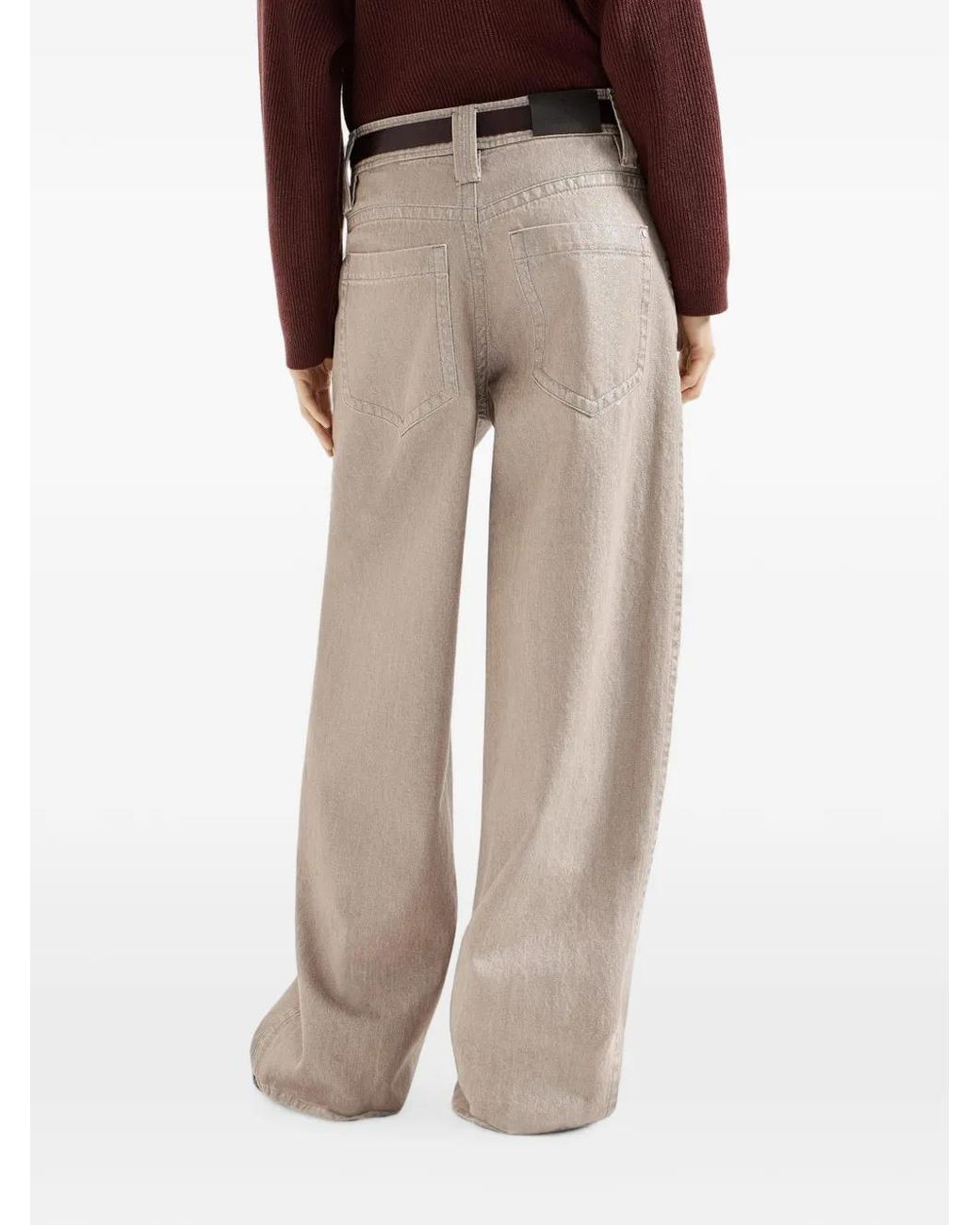 Brunello Cucinelli Natural Lamé Denim Baggy Trousers With Monili