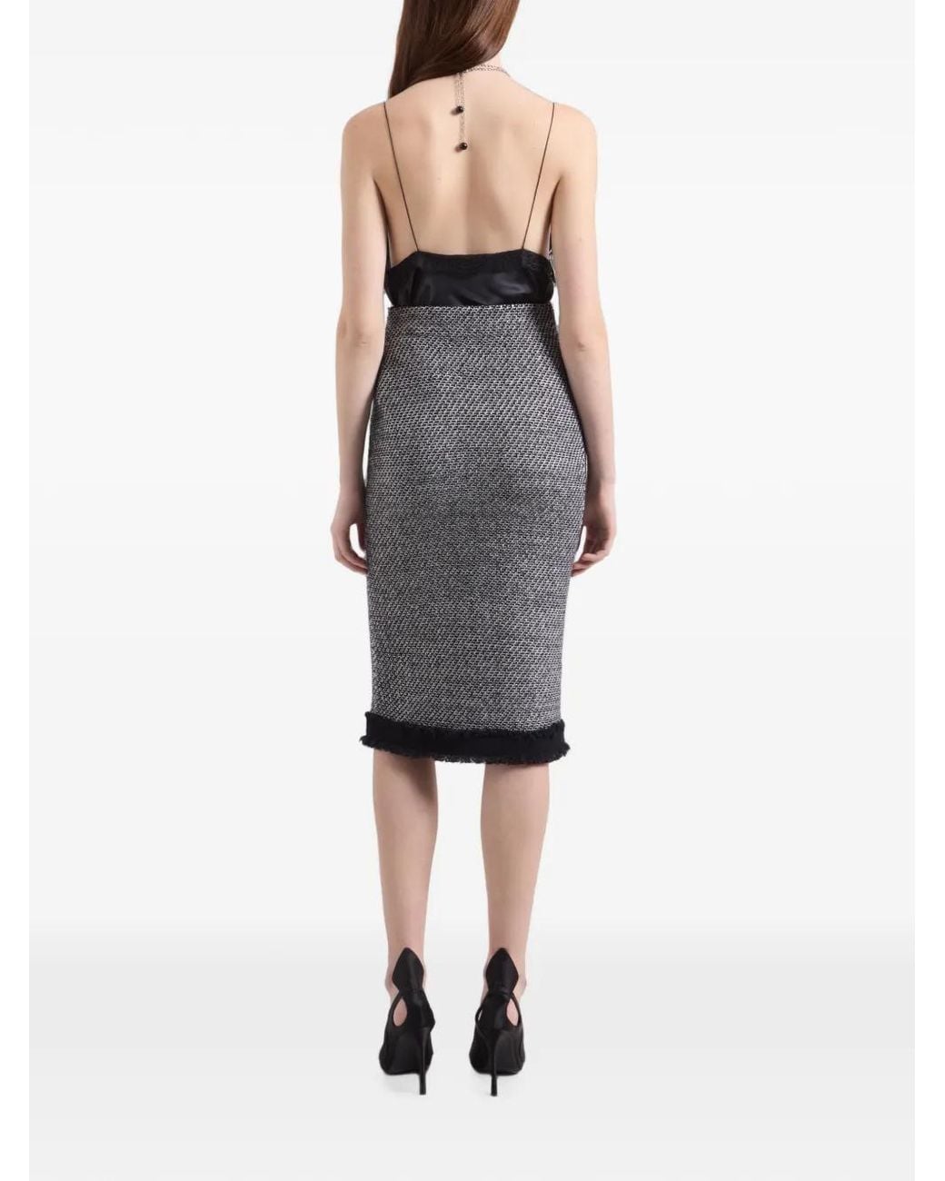 Nina Ricci Gray Tweed Frayed-Edge Midi Skirt
