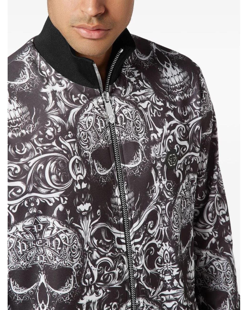 Philipp Plein Gray Skull Tattoo-Print Jacket for men