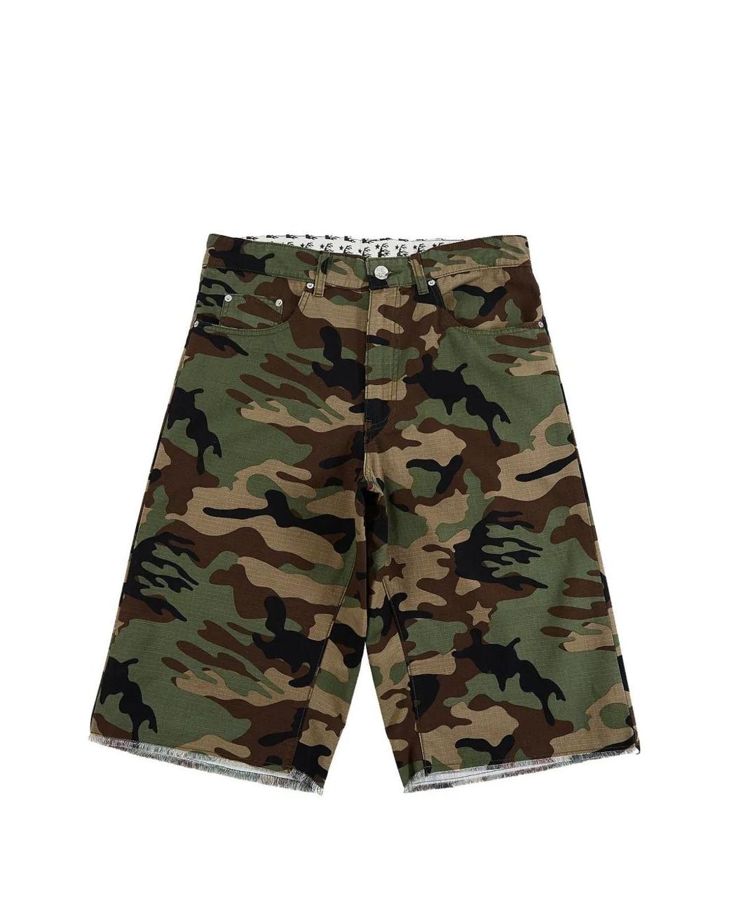 HELLSTAR Green Camouflage-Print Raw-Edge Shorts for men