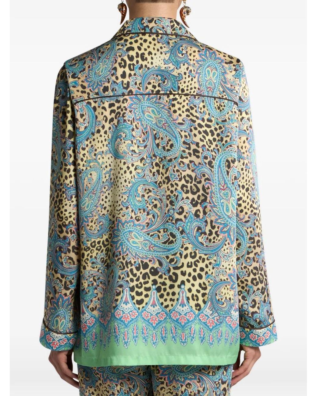 Etro Blue Twill Shirt With Placed Paisley And Animal Print