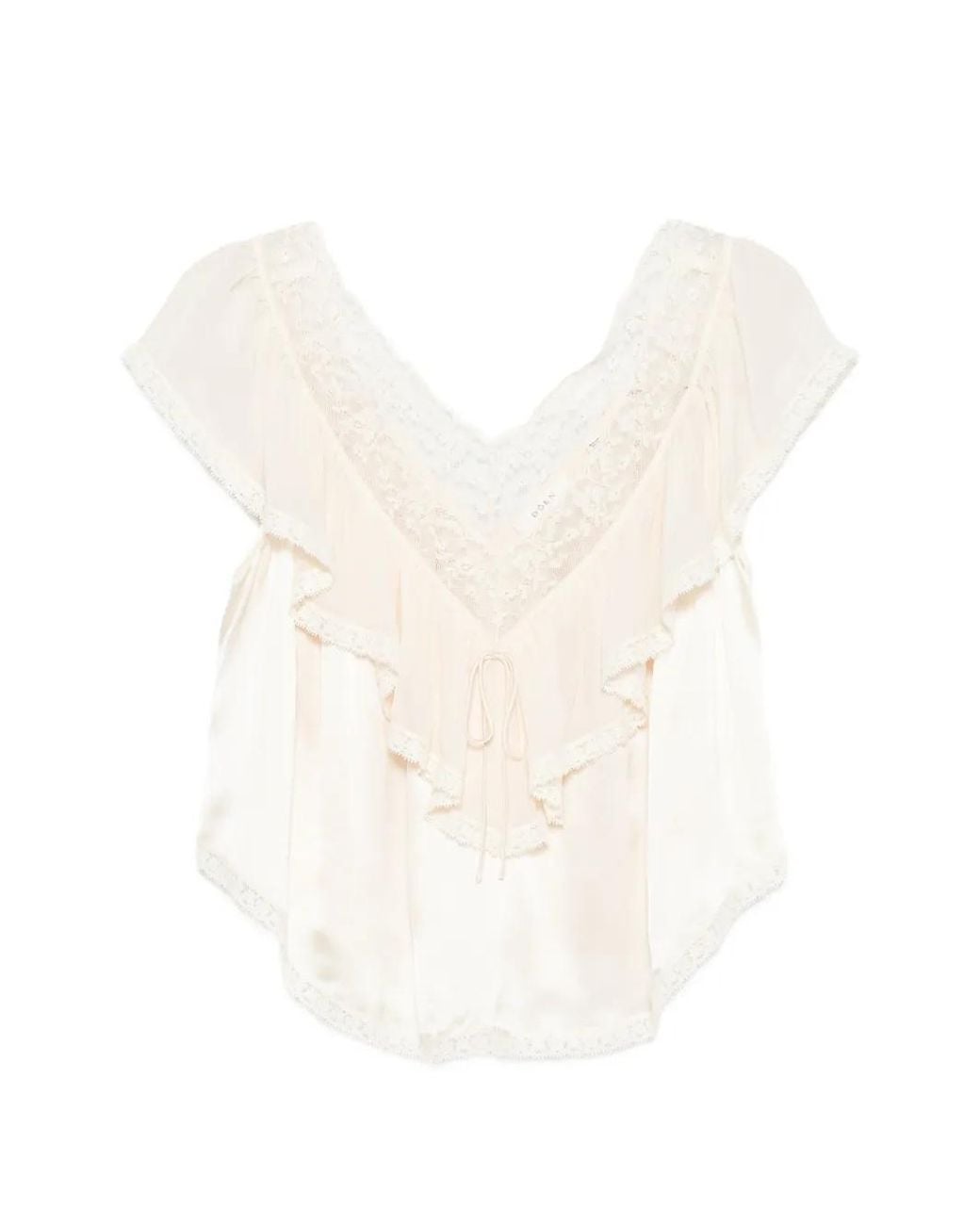 Doen White Yadira Lace-Trimmed Ruffled Blouse