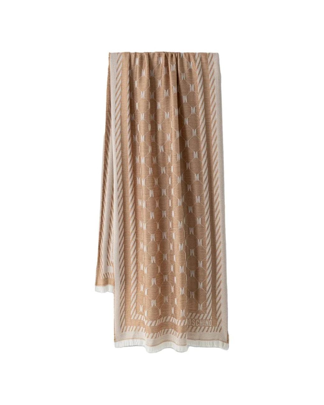 Moschino Natural Monogram-Pattern Fringed Wool Scarf